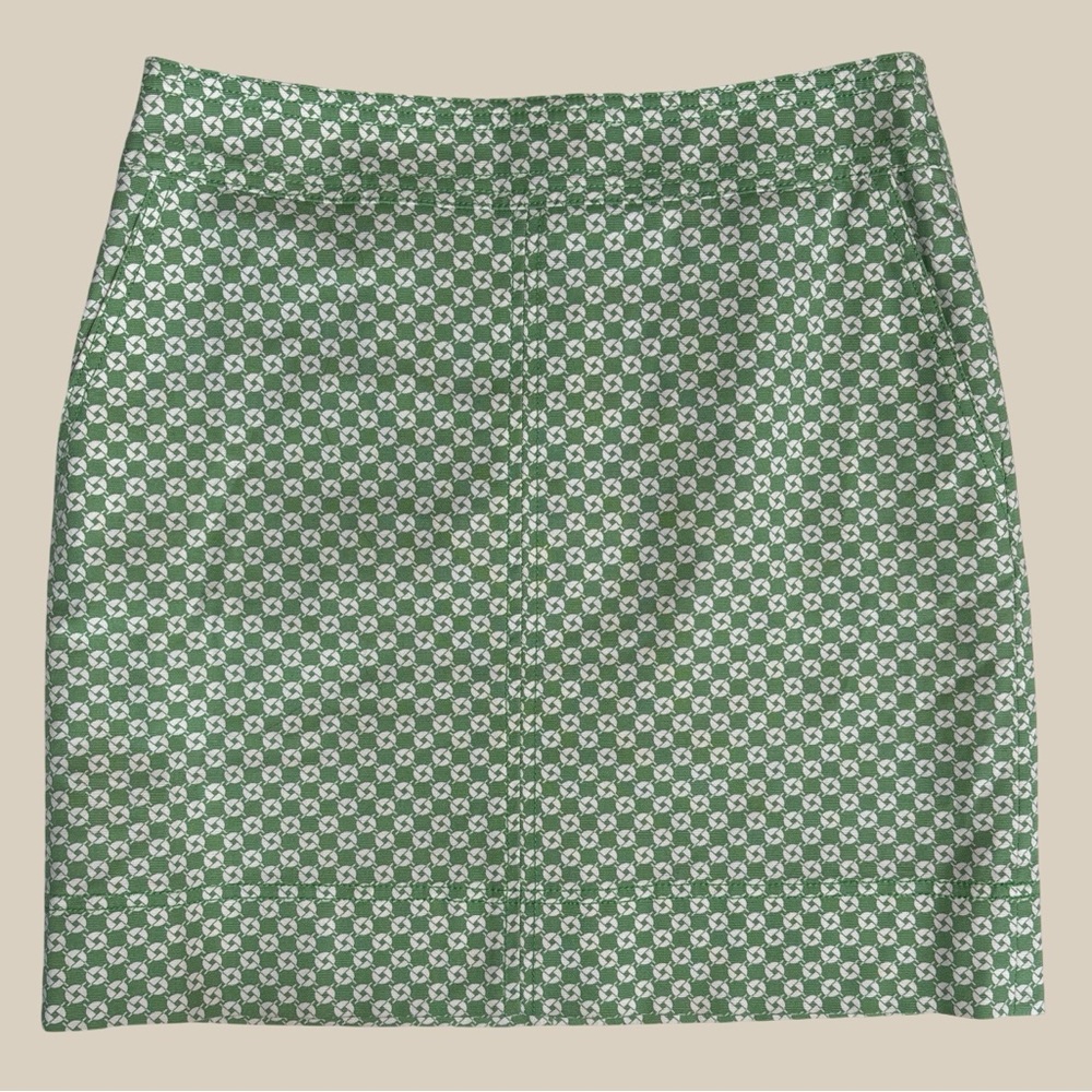 Talbots Green White Geometric Print Pencil Skirt Lined  Zipper Back Cotton SZ 2P